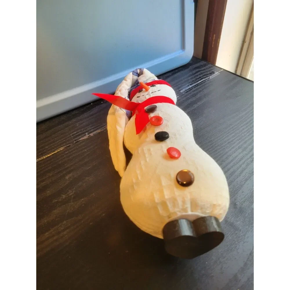 Vintage Fabric Quilted Snowman Plush Figurine Stocking Cap Jingle Bell